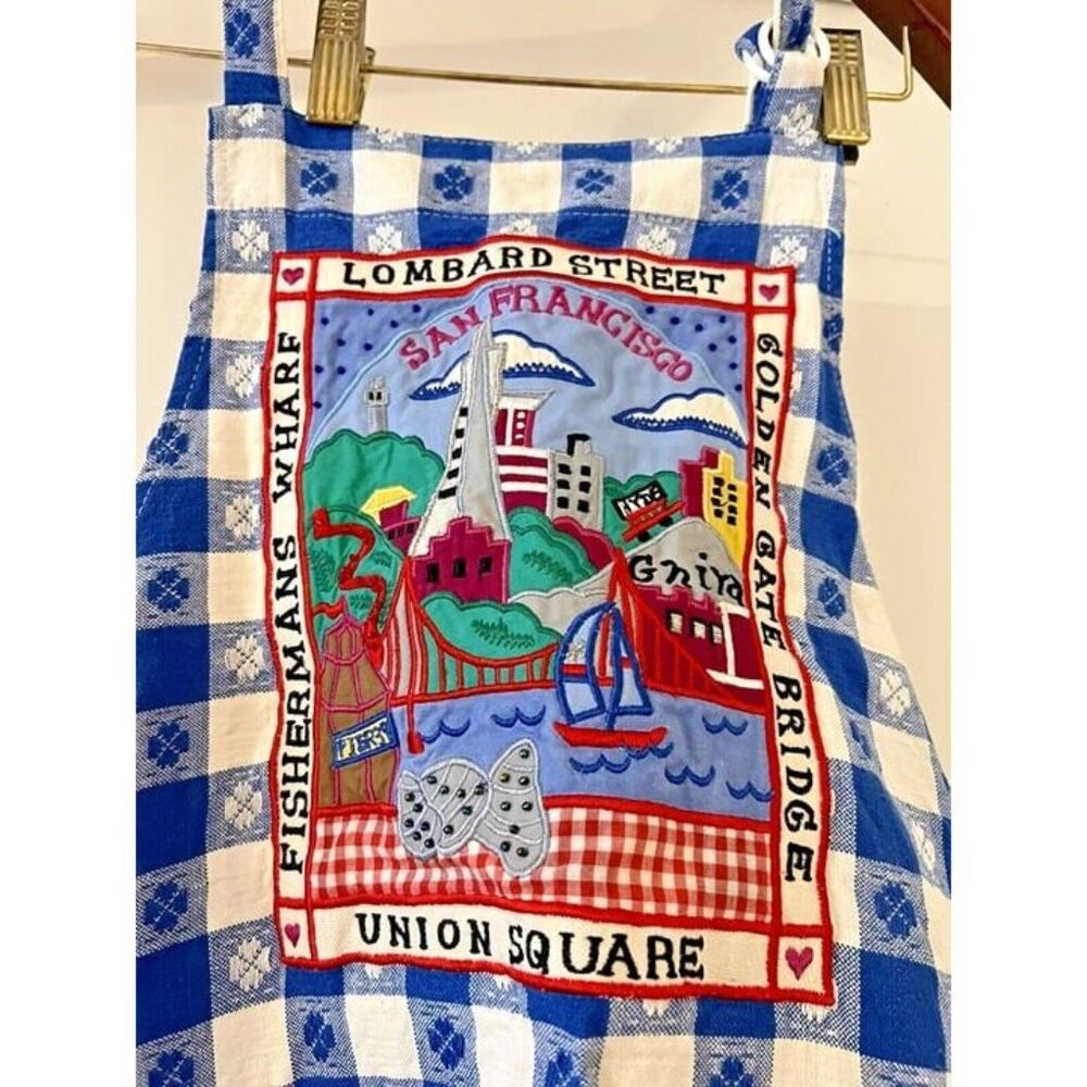 Rare Vtg‎ San Francisco Landmarks Sites Embroidered Checkered Blue White Apron
